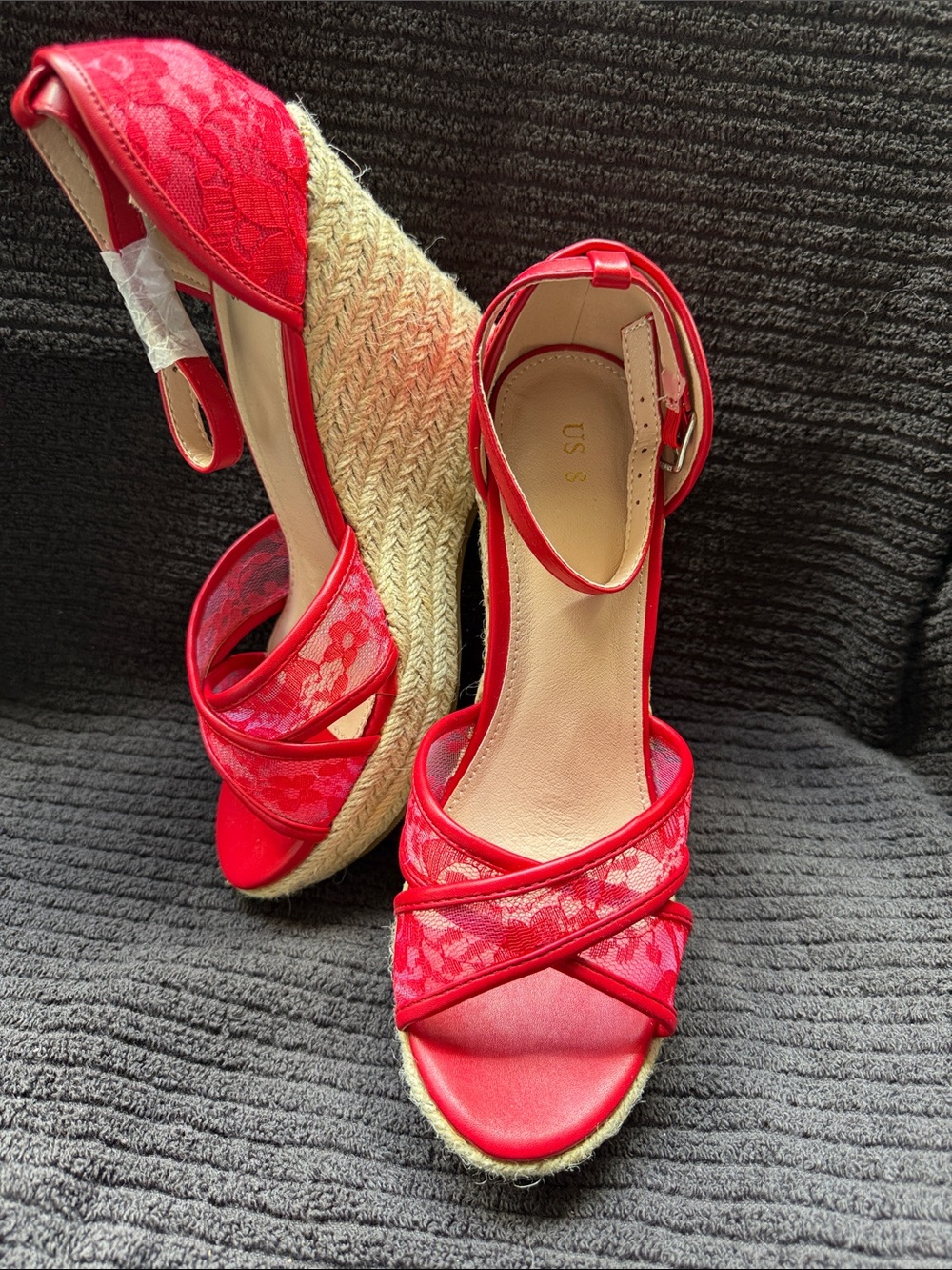 Red Lace Espadrille Wedge Sandals - Women